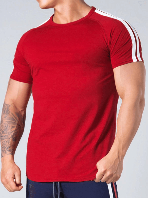 Men's red running cotton t-shirt with striped sleeves, O-neck, short sleeves, perfect for stylish comfort.